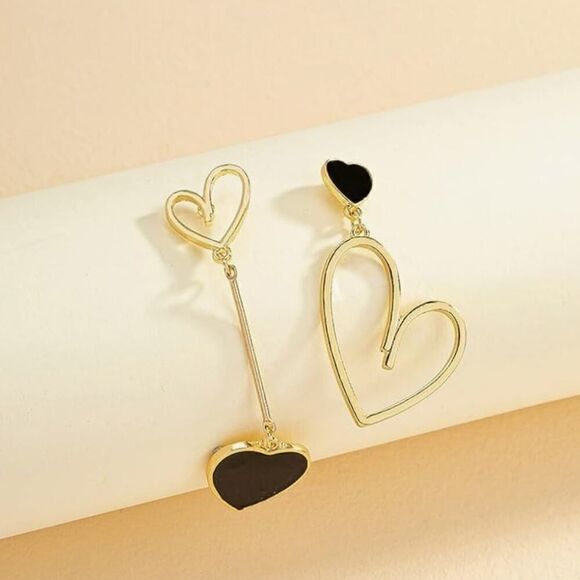 Four Hearts 10K Gold Plated Earrings Trendy Asymmetrical Lover Dangle Earrings - Picture 2 of 6